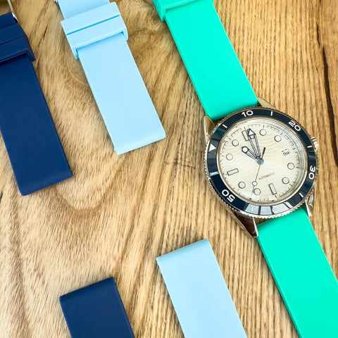 Dive Watch with Light Blue, Navy Blue and Green Silicone Watch Straps from The Thrifty Gentleman