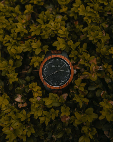 Wooden Mamba Watch On Green Leaves - Sustainable Horology