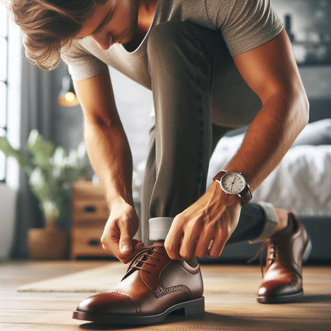 man with brown leather watch strap tying shoelace brown leather shoes