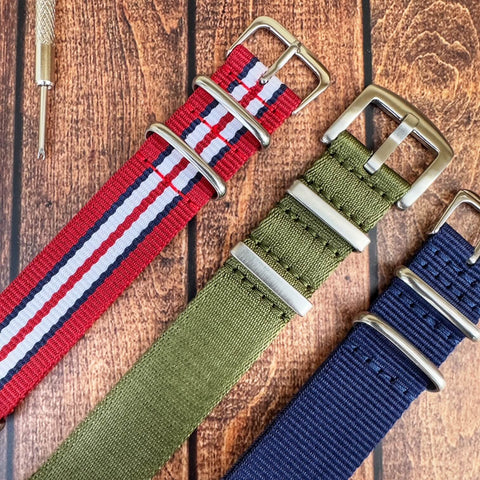Red, White and Blue, Green and Navy Blue Nato Watch Straps from The Thrifty Gentleman