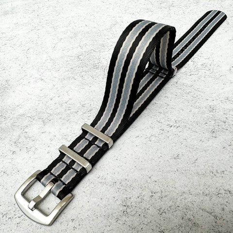 Seatbelt NATO Watch Strap in Black, Beige and Grey (Bond NTTD) from The Thrifty Gentleman