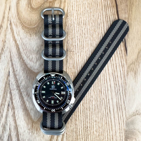 Heavy Duty Zulu Nato Watch Strap in Bond Spectre Style on Steeldive Watch