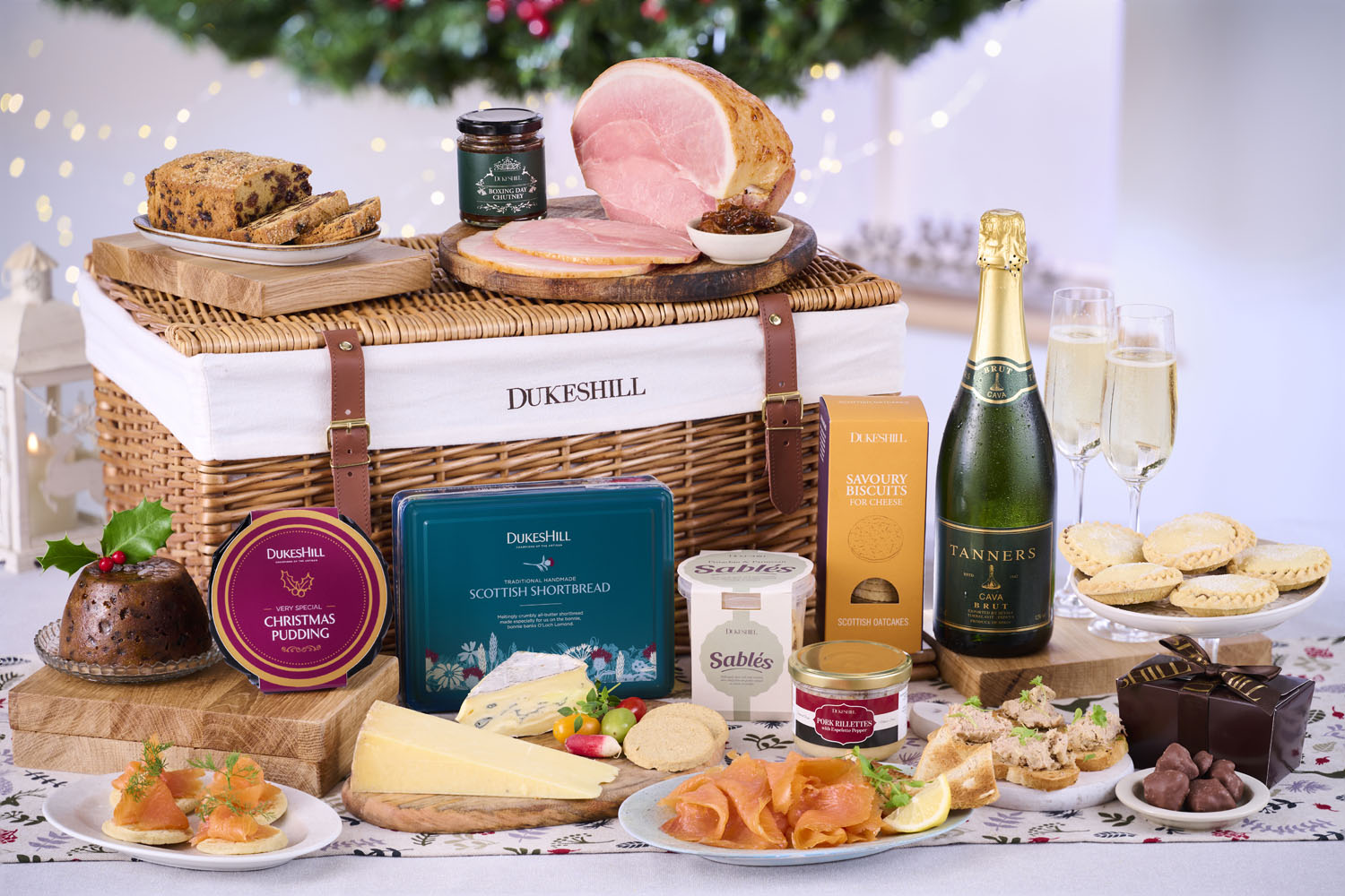 wicker hamper with food and drink