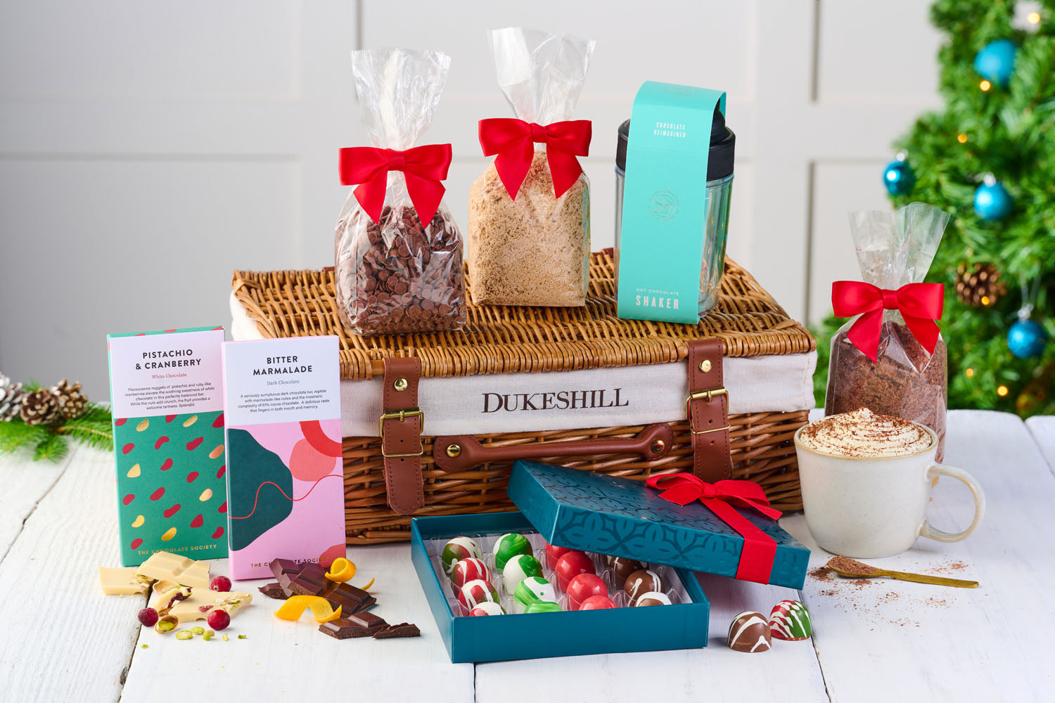 wicker hamper with selection of chocolate