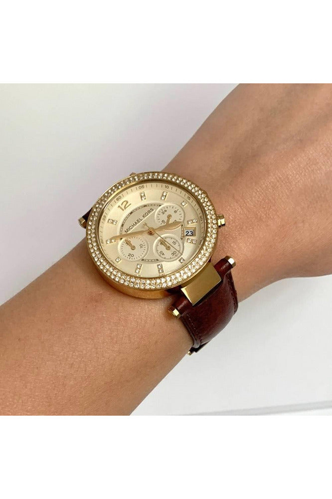 Michael Kors Parker Brown Leather Strap Champagne Dial Chronograph Quartz  Watch for Ladies - MK-2249
