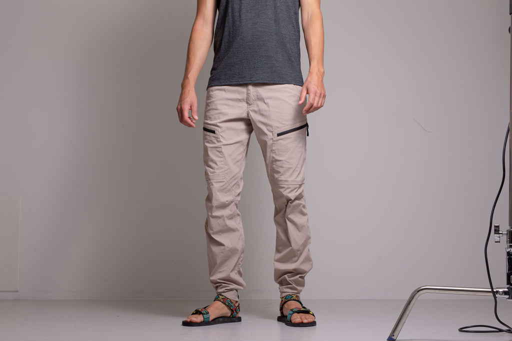 Light weigh pants on model.