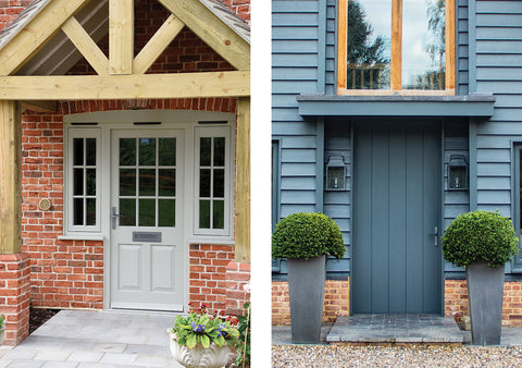 Two external doors on different properties with From The Anvil lever door handles.