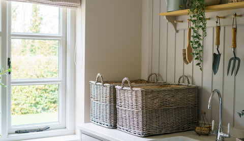 From The Anvil's Aged Bronze locking Hinton window fastener and window stay on a white uPVC window frame in a chic utility room with beige panelled walls and wicker baskets.