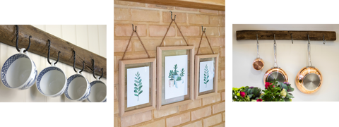 Left: blue & white tea cups hanging from pewter cup hooks on a wooden beam. Middle: 3 botanical art prints hanging from cup hooks on a brick wall. Right: copper pots and pans hanging from pewter cup hooks on a plinth of wood against a cream wall.