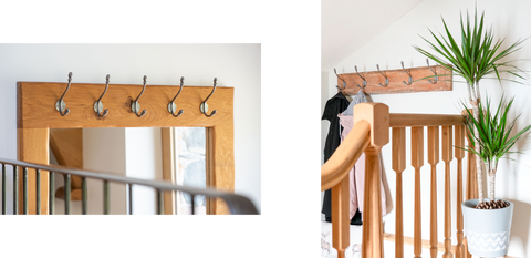 From The Anvil's Pewter Hat & Coat hooks hung on the top frame of an oak mirror (left) and hung on a distressed plaque of wood (right)