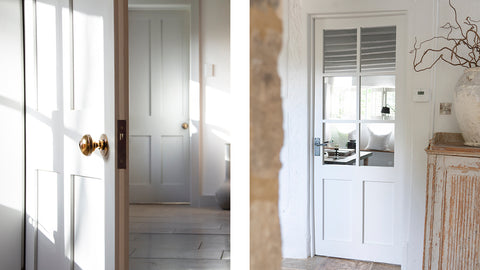 White panelled doors with From The Anvil knob sets and lever door handles
