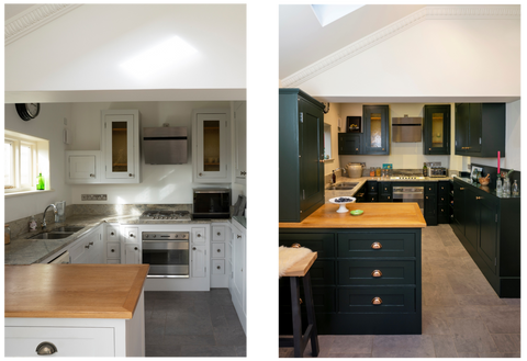 Left: a white kitchen with white cabinetry and dull hardware. Right: the same kitchen after a makeover, with dark green painted cupboards and Polished Bronze cabinet hardware.
