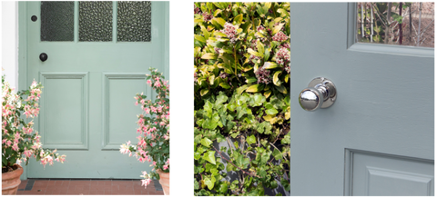 Left: From The Anvil Black Door knob on a sage green door with pink flowers in the foreground. Right: Polished Nickel Ball Door knob on a pale blue door with a green bush in the background.