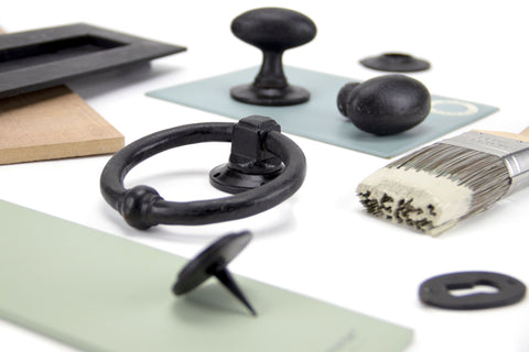 Moodboard of From The Anvil's External Beeswax hardware including Ring door knocker, Pyramid stud, letter plate, door knobs and escutcheon.