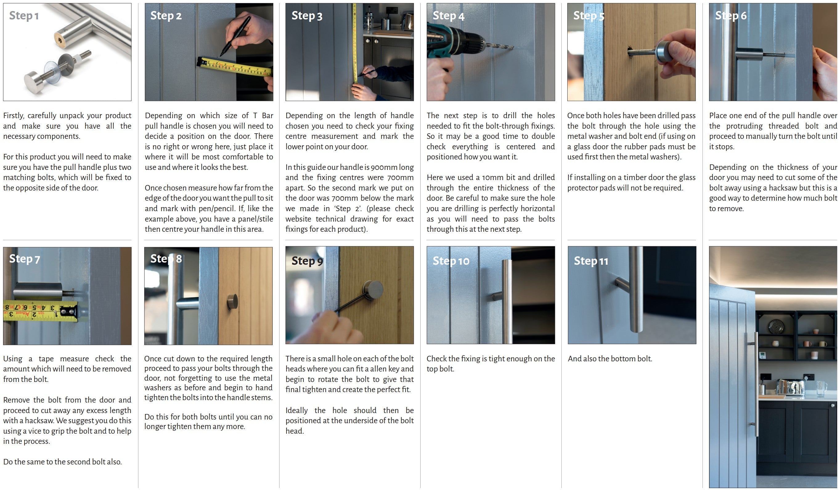 A step by step guide explaining how to fit From The Anvil's T Bar pull handles to a wooden door.