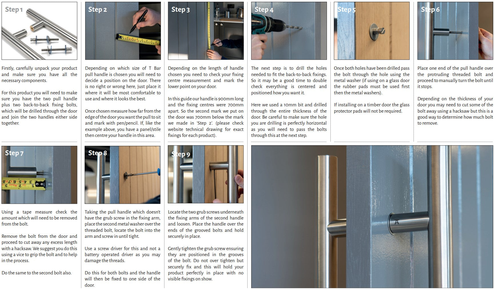 A step by step guide of how to fit a T Bar pull handle to a wooden door using From The Anvil's back to back fixings