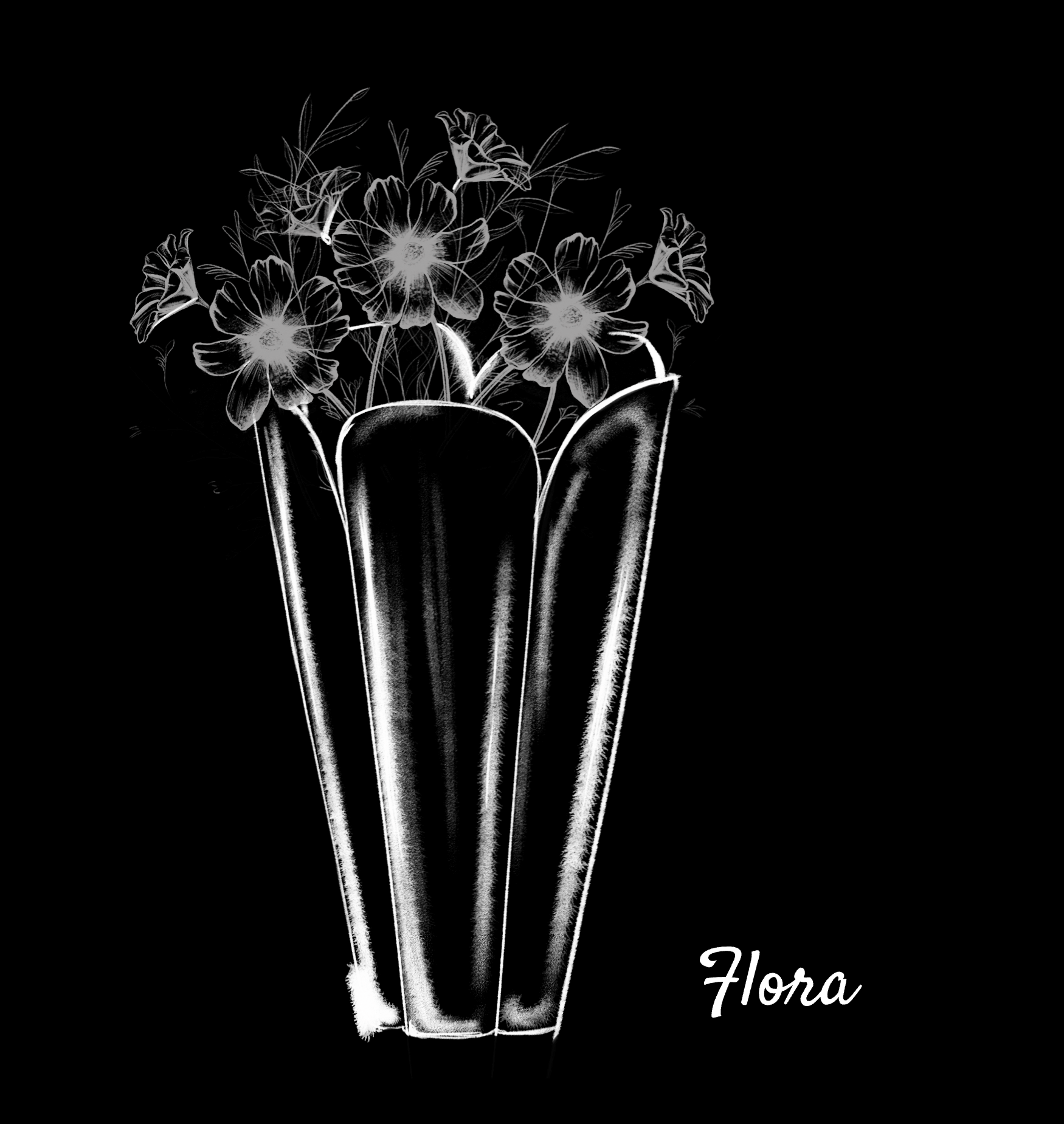 Black and white sketch of a metal Flora plant pot with flowers inside.