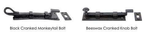 From The Anvil's Black Cranked Monkeytail door bolt and Beeswax Cranked Knob door bolt with text labels.