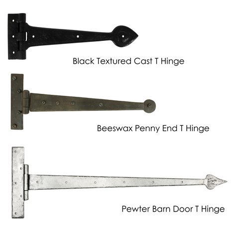 From The Anvil's Penny End and Arrow Head T Hinges in Pewter, Beeswax, and Black finishes