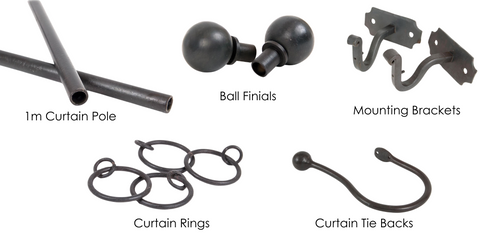 From The Anvil's Beeswax curtain hardware including curtain pole, ball finials, mounting brackets, curtain rings, and curtain tie backs