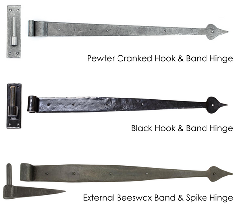 From The Anvil's standard, cranked, and spike hook & band hinges in Beeswax, Black, and Pewter finishes