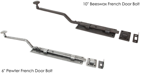 From The Anvil's Pewter and Beeswax French door bolts on a white background.