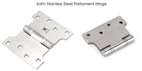 From The Anvil Satin Stainless Steel Parliament hinges open (left) and closed (right)