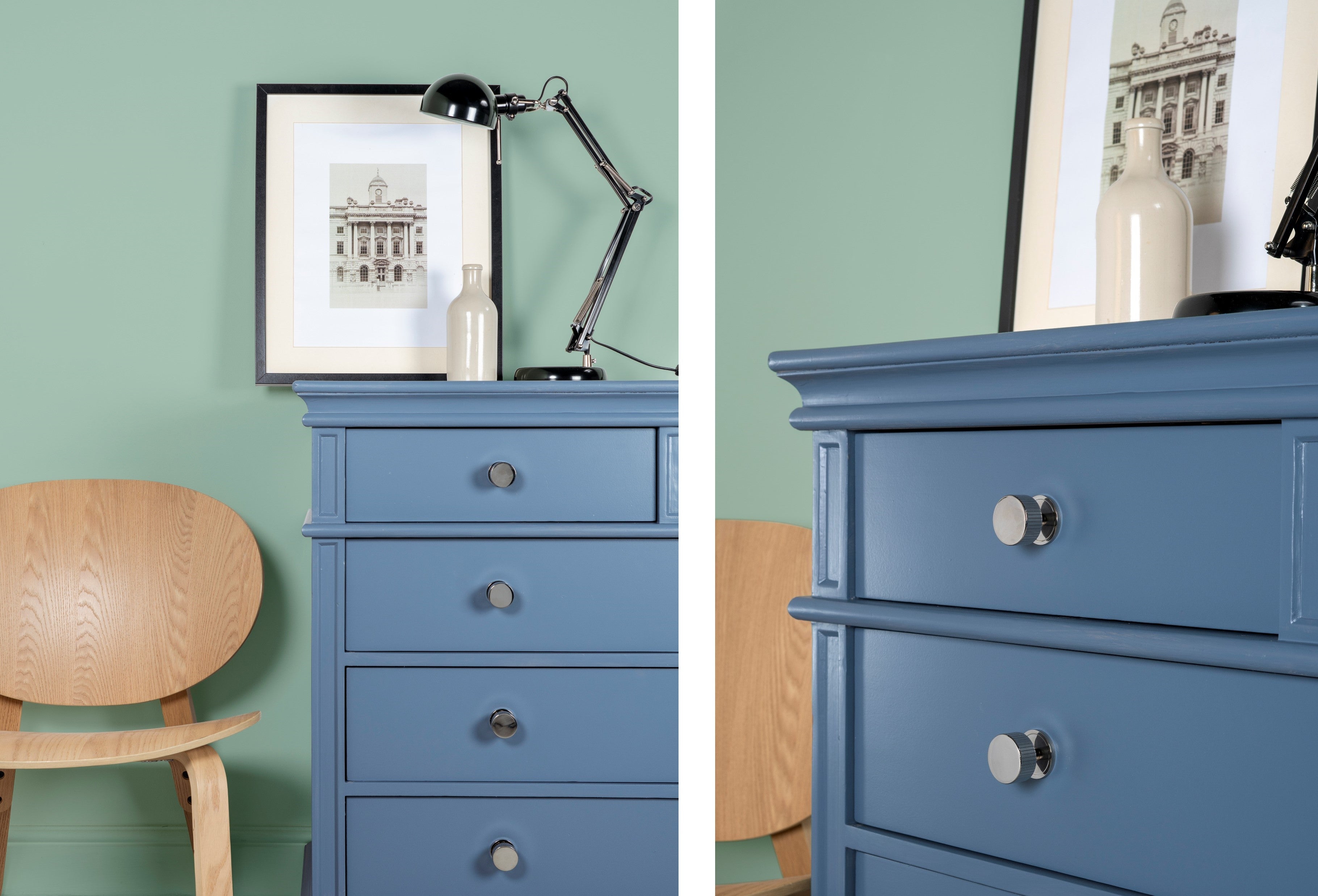 Blue painted chest of drawers fitted with Polished Nickel cabinet knobs.