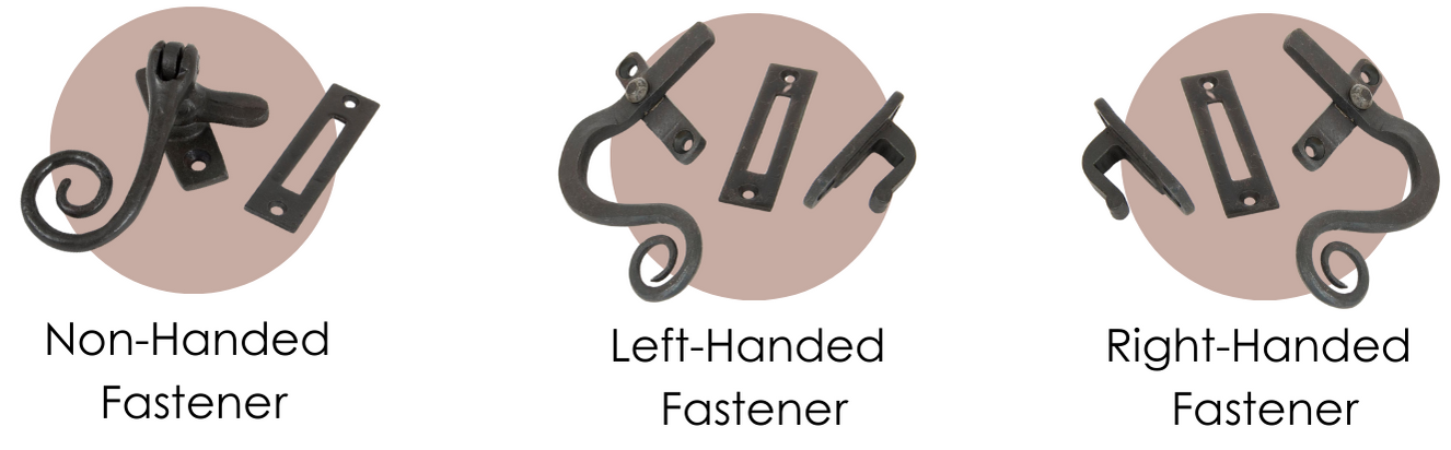 Diagram showing the difference between non-handed and handed window fasteners from left to right: Beeswax non-handed window fastener, Beeswax left-handed window fastener, and Beeswax right-handed window fastener.