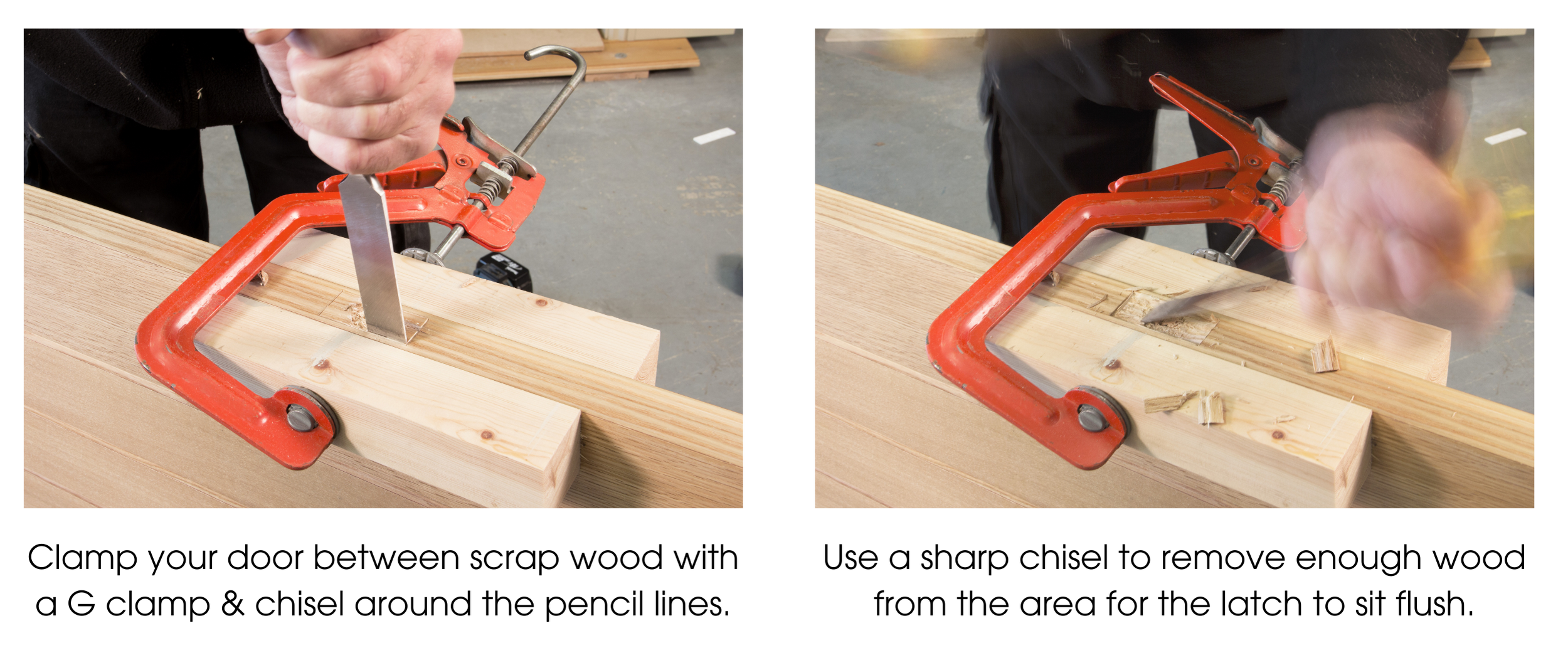 Person using a sharp chisel to cut out a space in the edge of a wooden door clamped in a G clamp.
