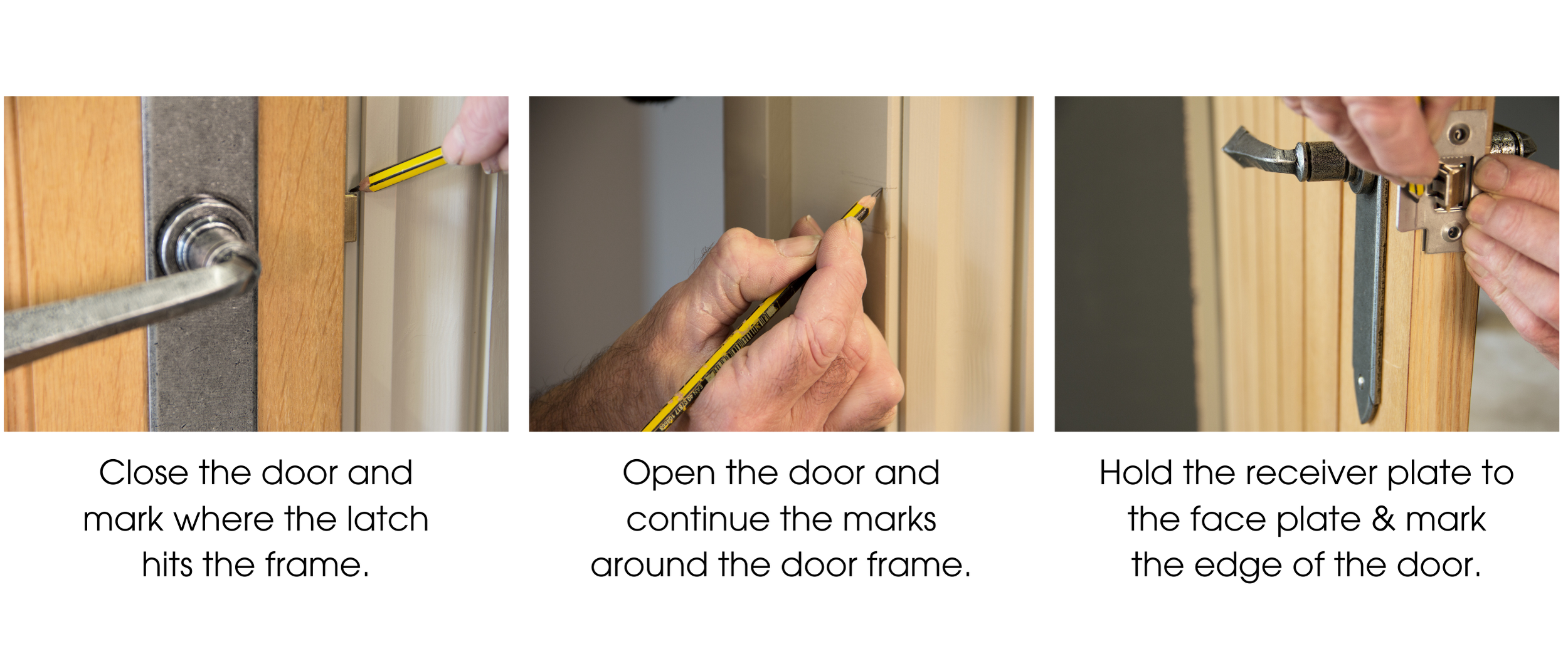 Person using a pencil to mark the position of a latch on a door frame.