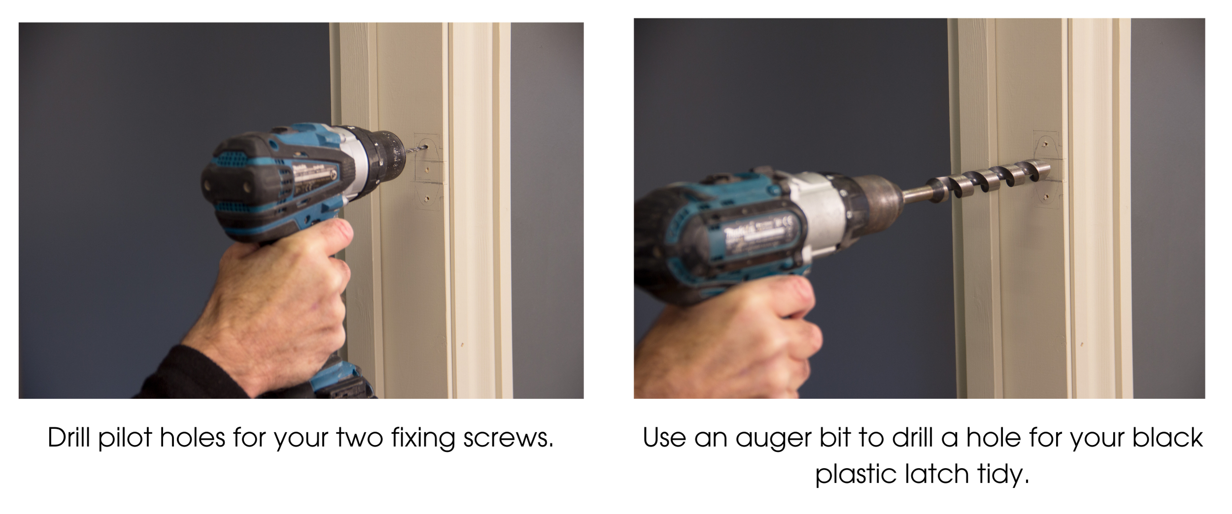 Person using a drill to drill pilot holes into the frame of a door, and using an auger bit to drill a hole for a mortice latch.