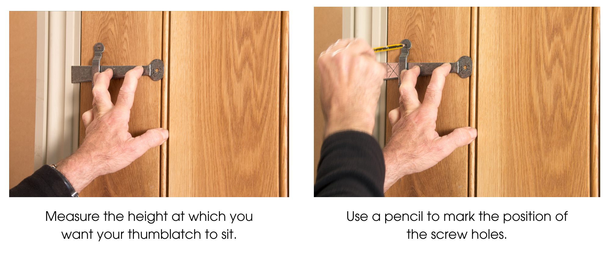 Person holding a Pewter Bean thumblatch up to a wooden ledge and brace door and using a pencil to mark the position of the screw holes.