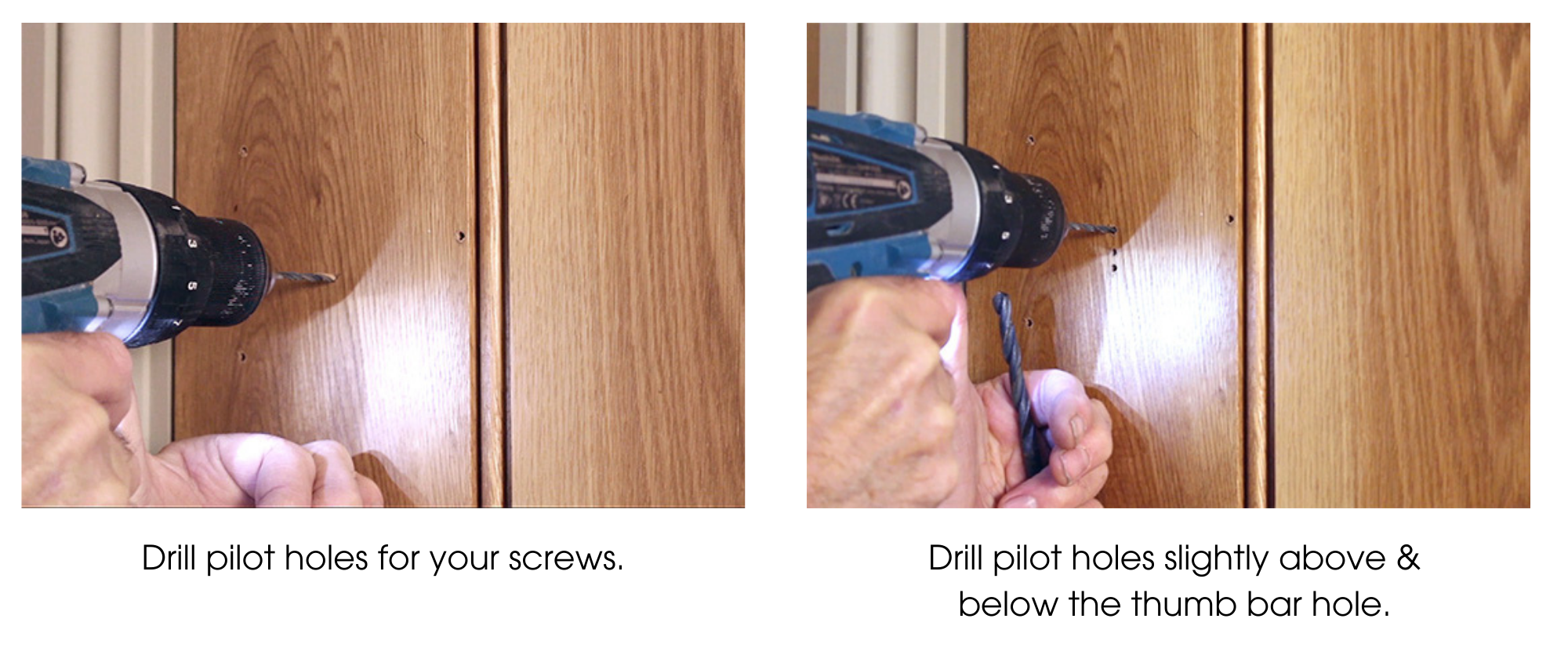 Person using an electric drill to drill pilot holes for screws to fit a thumblatch on a wooden ledge and brace door.