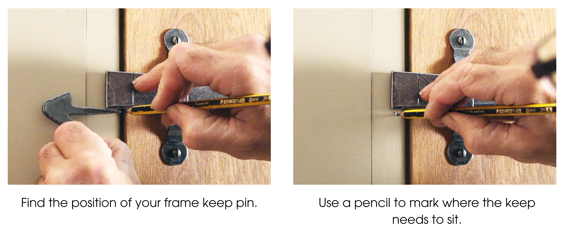 Person marking the position of a frame keep pin of a Pewter thumb latch on a wooden ledge and brace door.