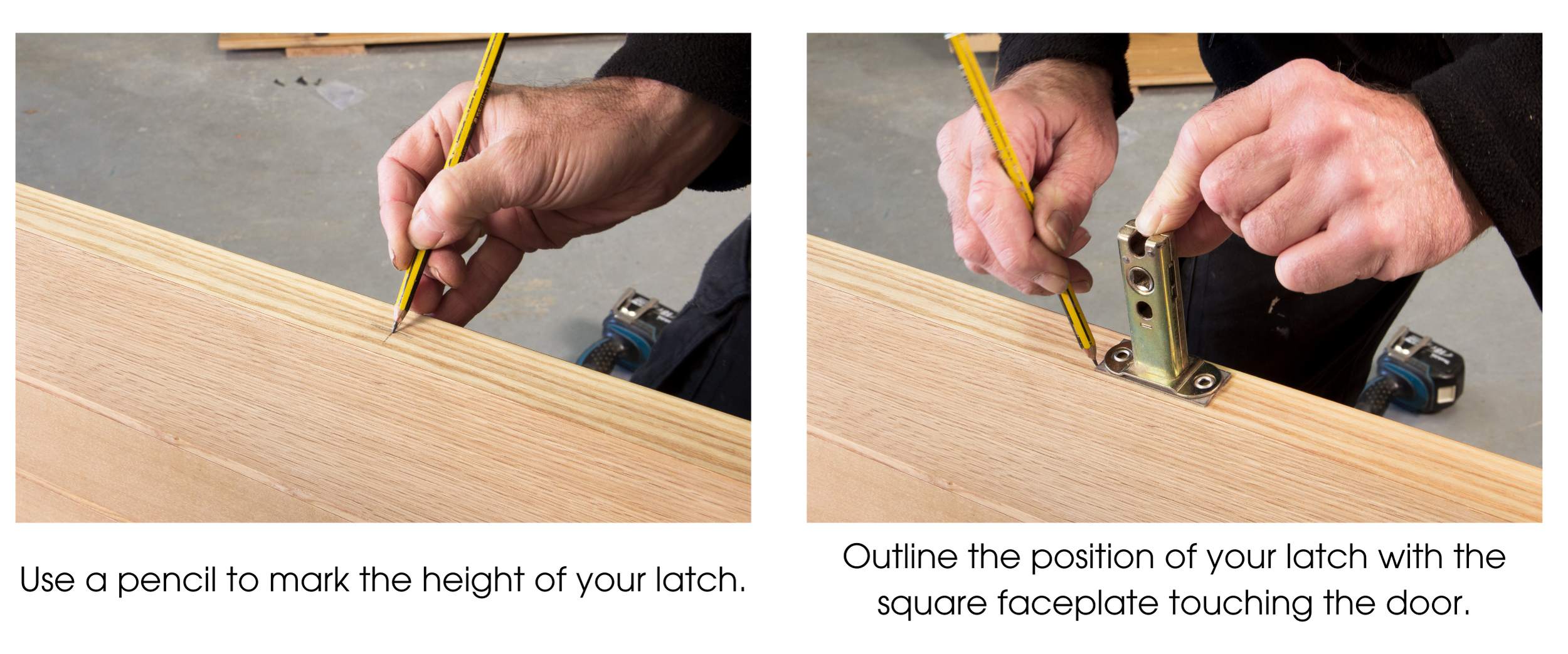 Person using a pencil to mark the height and draw the outline of a mortice latch on a wooden door.
