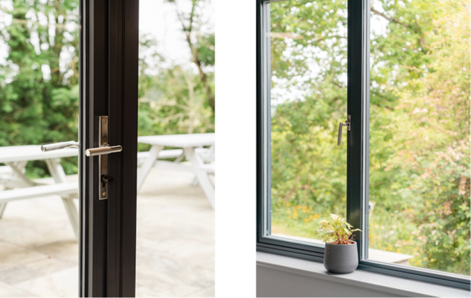 An aluminium door frame and window frame with From The Anvil's Polished Marine Stainless Steel Brompton knurled door handle and window handles attached.