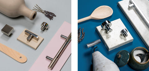 Left: a moodboard of From The Anvil's Polished Nickel cabinet knobs, pull handles and T Bars on a grey and pink background. Right: Polished Chrome cabinet knobs, pull handles, and T-bars on a blue background with white marble.