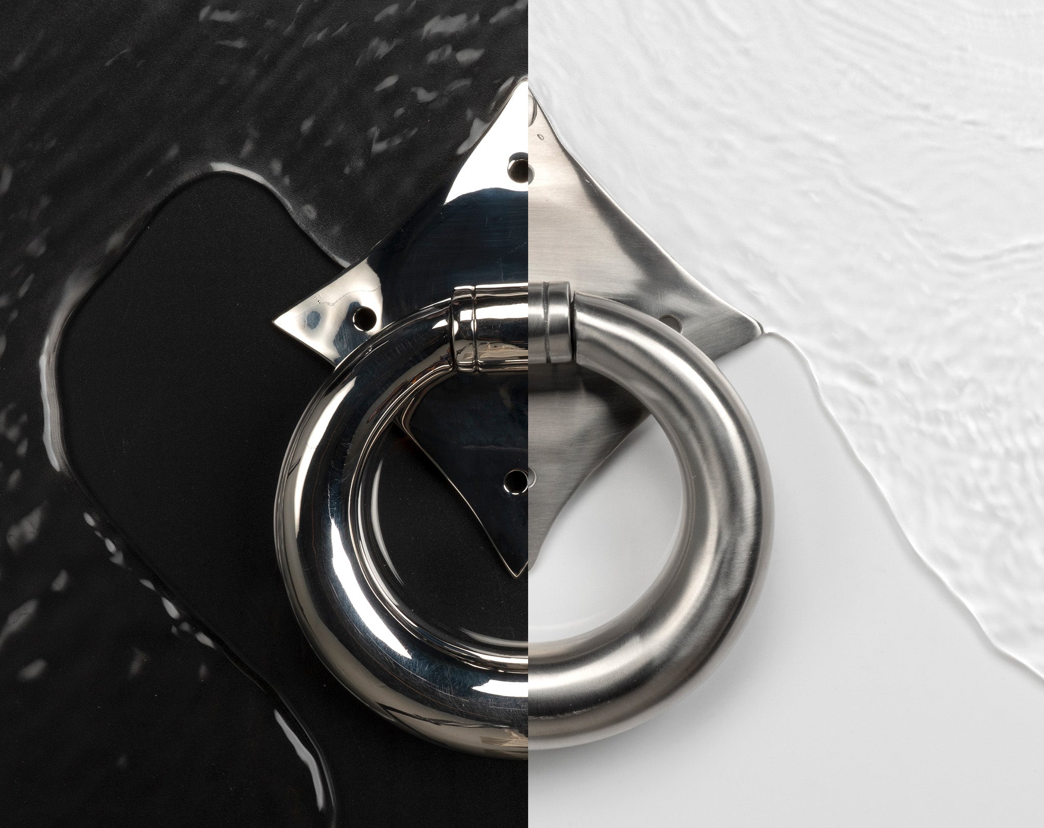 Comparison image of a Polished vs. Satin Marine Stainless Steel Ring door knocker on a white and black background.