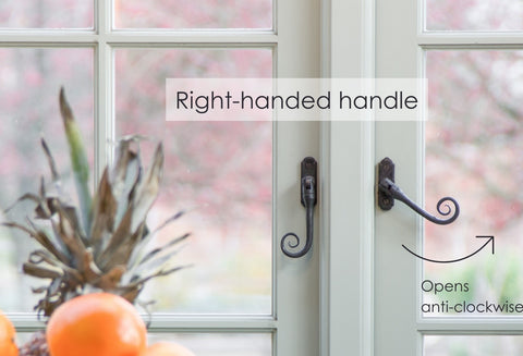 From The Anvil's Beeswax right-handed Monkeytail espag. window handle with an arrow pointing left and the text "Right-handed handle" and "opens clockwise".