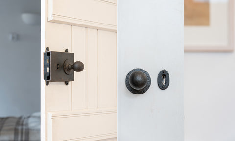 Two sides of a white panelled door with a Beeswax rim lock and cast iron cover used with a round mortice knob.