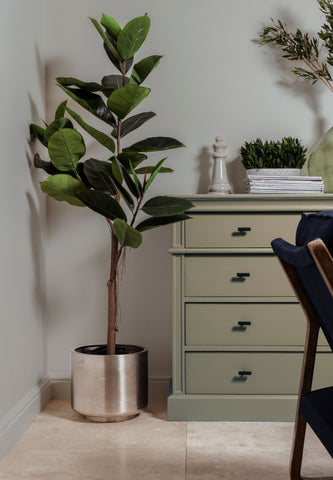 From The Anvil's Satin Stainless Steel Newlyn pot with a small tree, next to a sage green chest of drawers with assorted home decor on top.