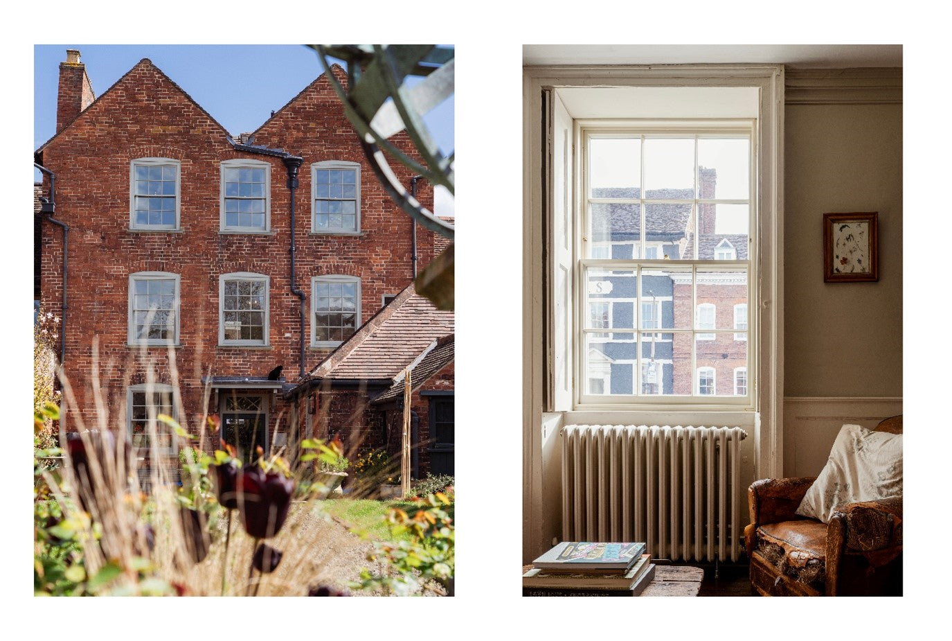 Sash windows on a red brick period property from the exterior (left) and interior (right) views.