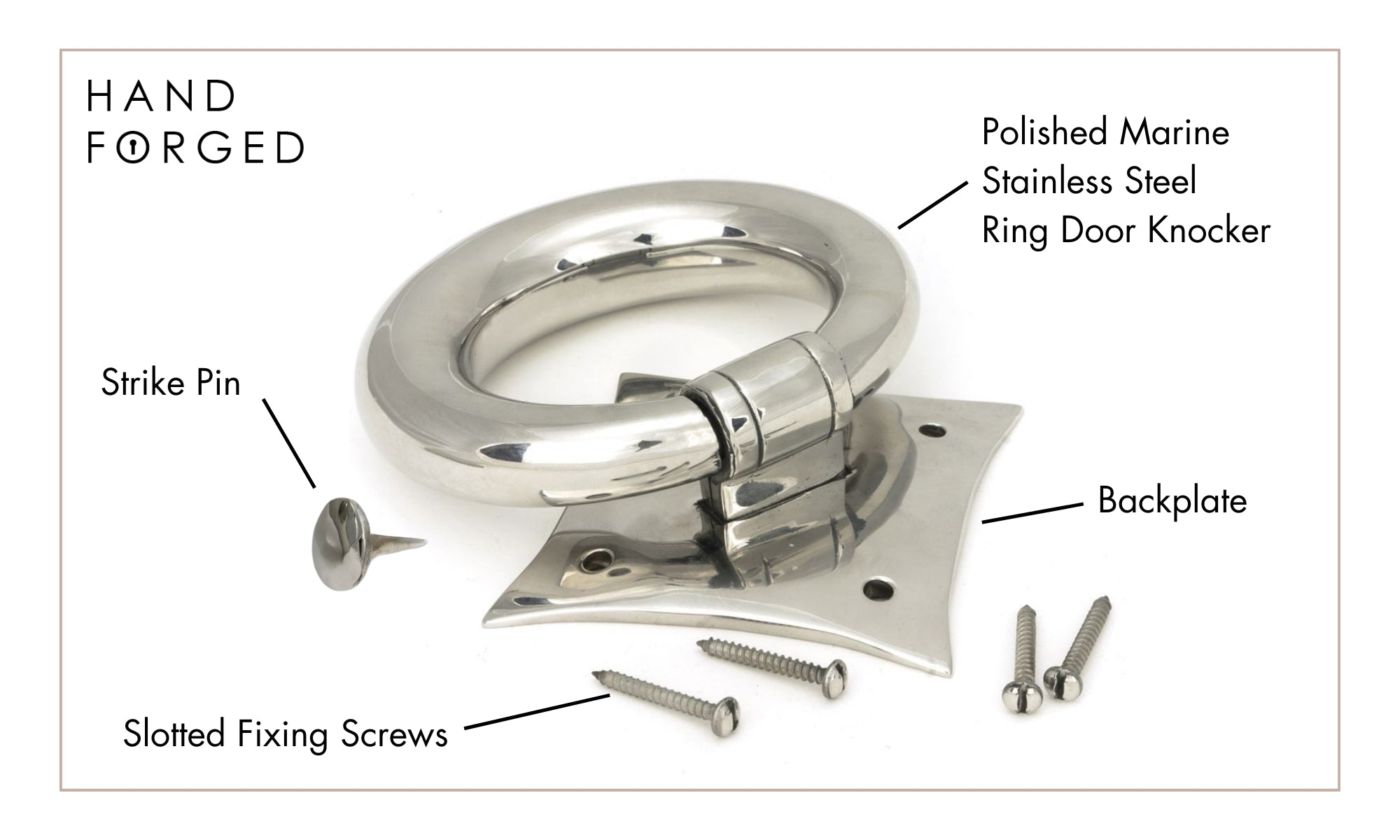 Diagram of a Polished Marine Stainless Steel Ring door knocker with labels pointing to the strike pin, fixing screws, door knocker and backplate.