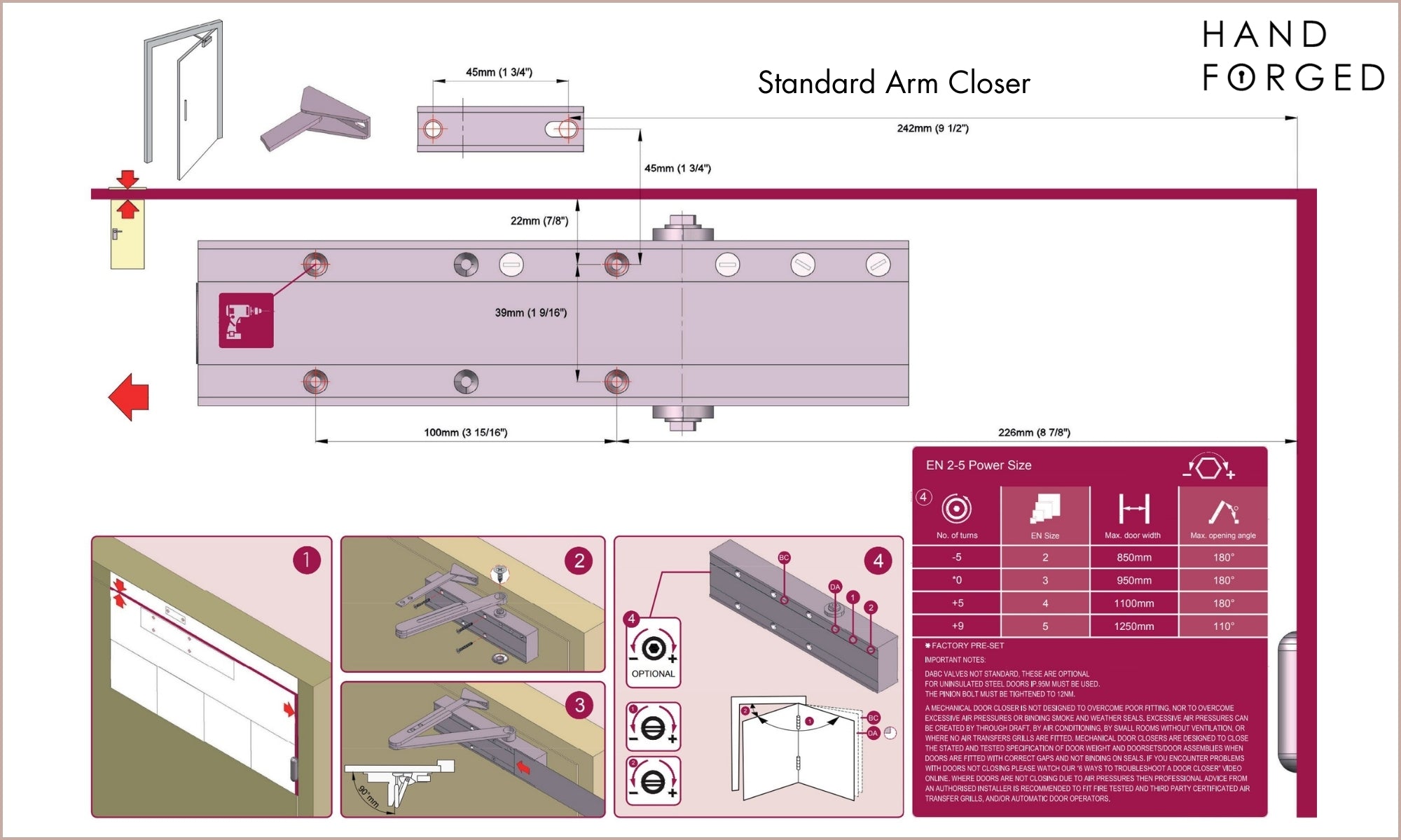 A diagram showing how to fit a door closer to a door.