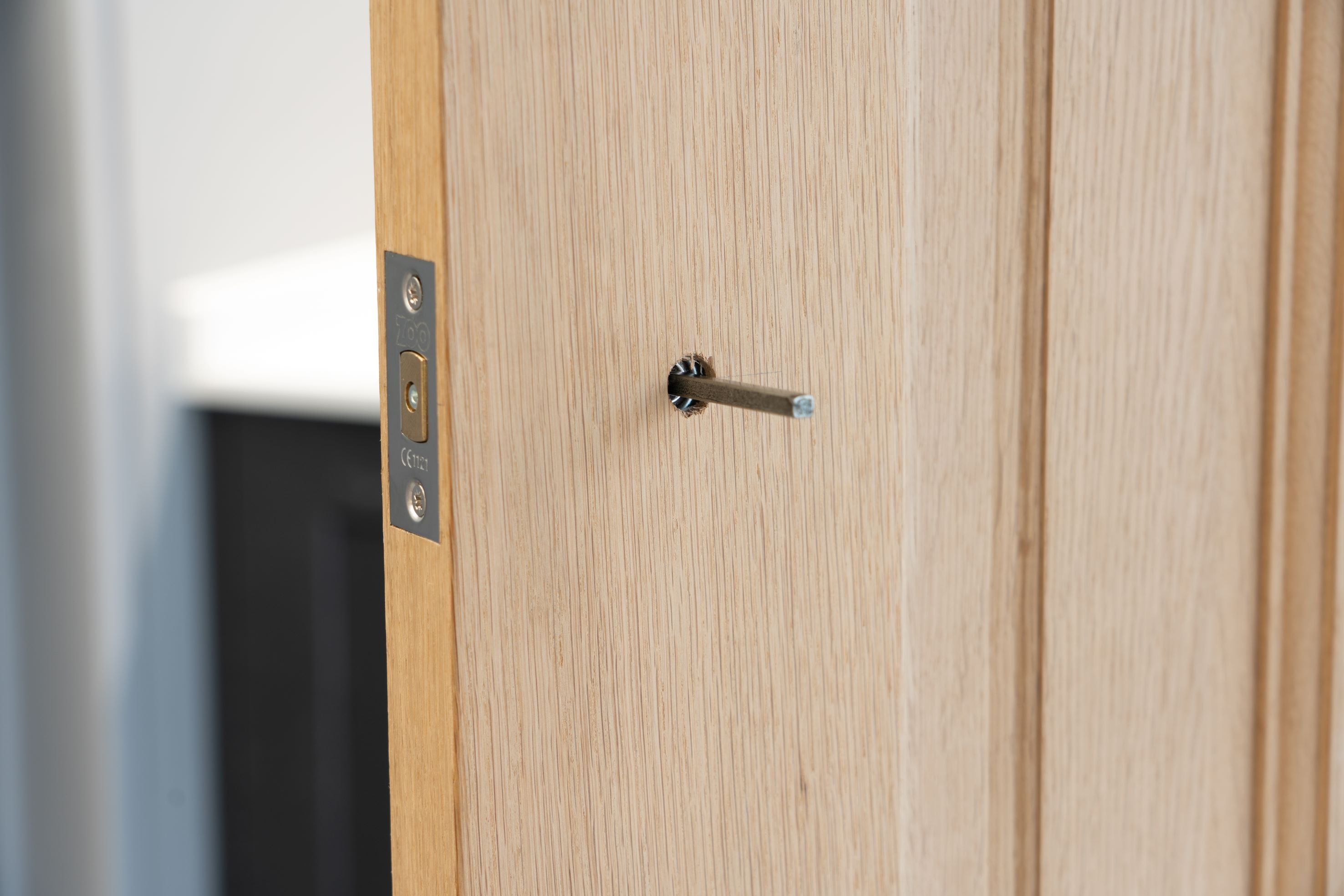 Spindle protruding from a wooden door with a deadbolt lock.