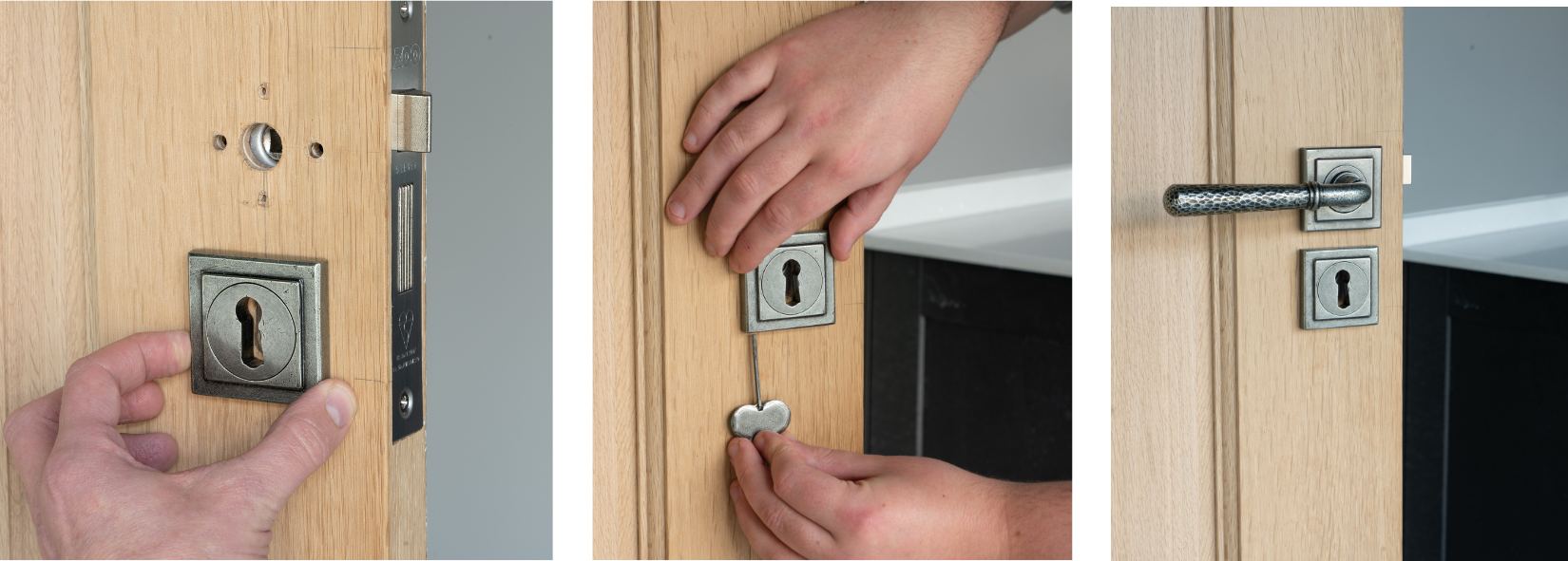 Person fitting a square, Pewter concealed escutcheon to a wooden door frame.