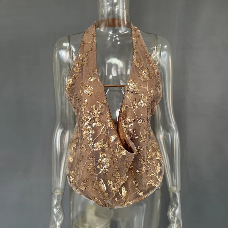 GETADME hirigin Sexy Glitter Sequin Tank Tops Women Y2K Fashion Deep V-neck Hollow Out Cropped Tops Tee Summer New Backless Beach Tops