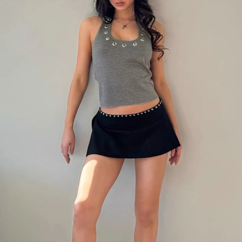 GETADME 2025 Summer Ribbd Halyer Sleeveless Backless Ladies Streetwear U Neck Crop Top Solid Skinny Hot Sexy Tank Top Clubwear Women