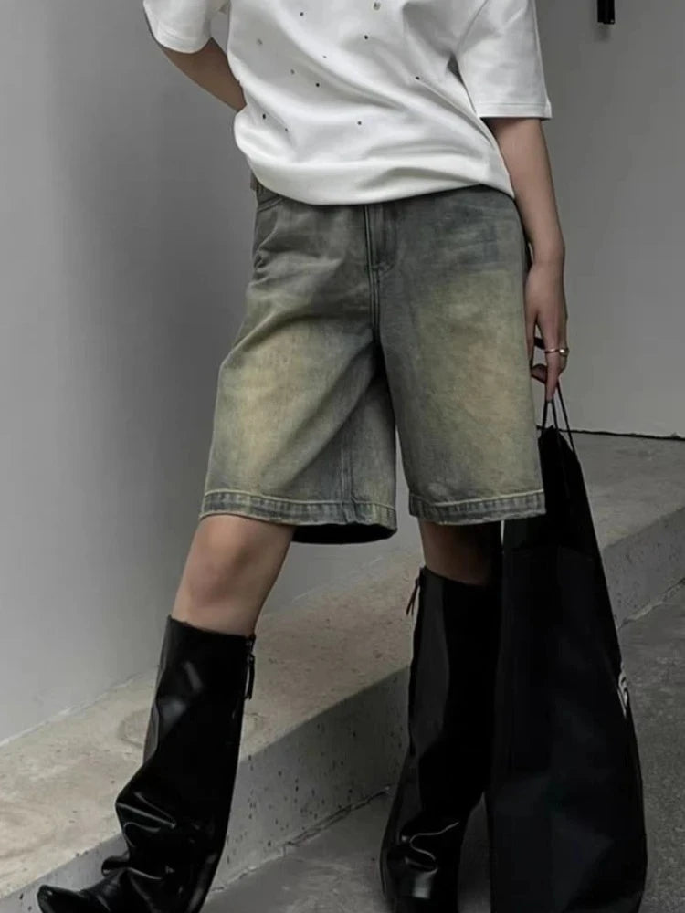 GETADME Y2K Women Vintage Streetwear Breeches Korean Harajuku Denim Wide Leg Trouser Short Pants Jorts Bermudas Jeans Shorts Alt Clothes